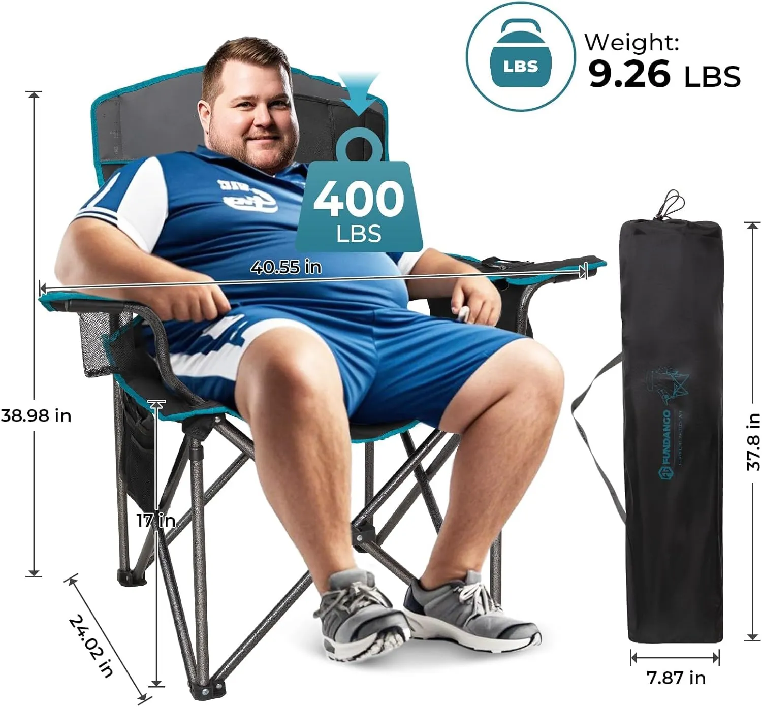 FUNDANGO Oversized Folding Camping Chair for Adults 2 Pack, 550 Lbs Portable Fish Lawn Chair with Cushion seat & Back, 4-can Cooler & Cup Holder, Carry Bag Included for Outdoor (2 Pack Black/Grey)
