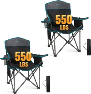 FUNDANGO Oversized Folding Camping Chair for Adults 2 Pack, 550 Lbs Portable Fish Lawn Chair with Cushion seat & Back, 4-can Cooler & Cup Holder, Carry Bag Included for Outdoor (2 Pack Black/Grey)