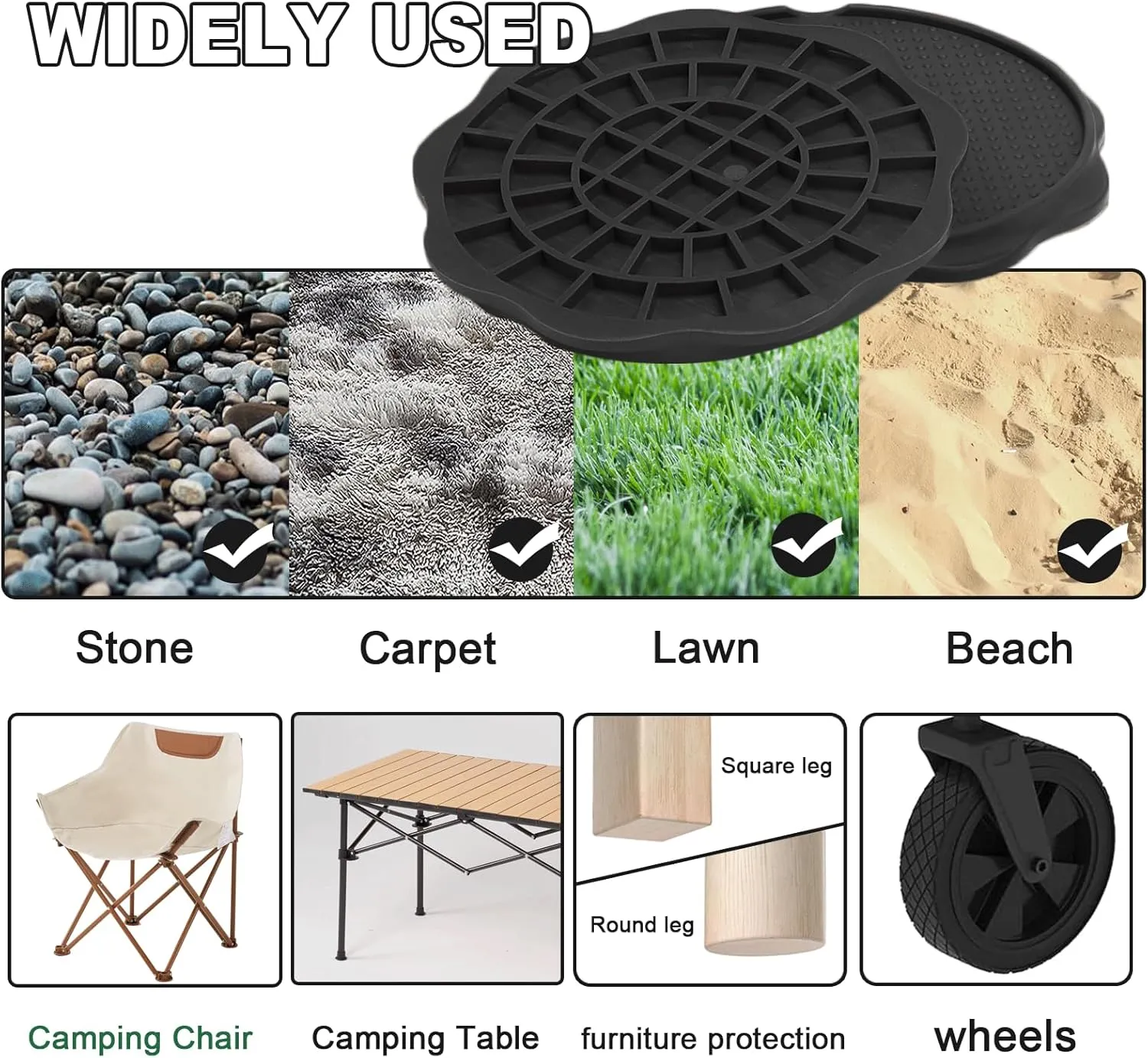 Furniture Pads for Camping Chairs Anti-Sinking Outdoor Furniture Cups Chair Leg Protectors for Sand, Lawn or Soft Ground (12, Black, 5.35 in)