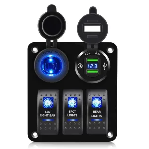FXC 3 Gang Rocker Switch Aluminum Panel with Dual USB Port Charger Socket & Cigarette Lighter Socket Blue LED Light Waterproof On Off Toggle Switch for 12V/24V DC Marine Boat Truck Car ATVs