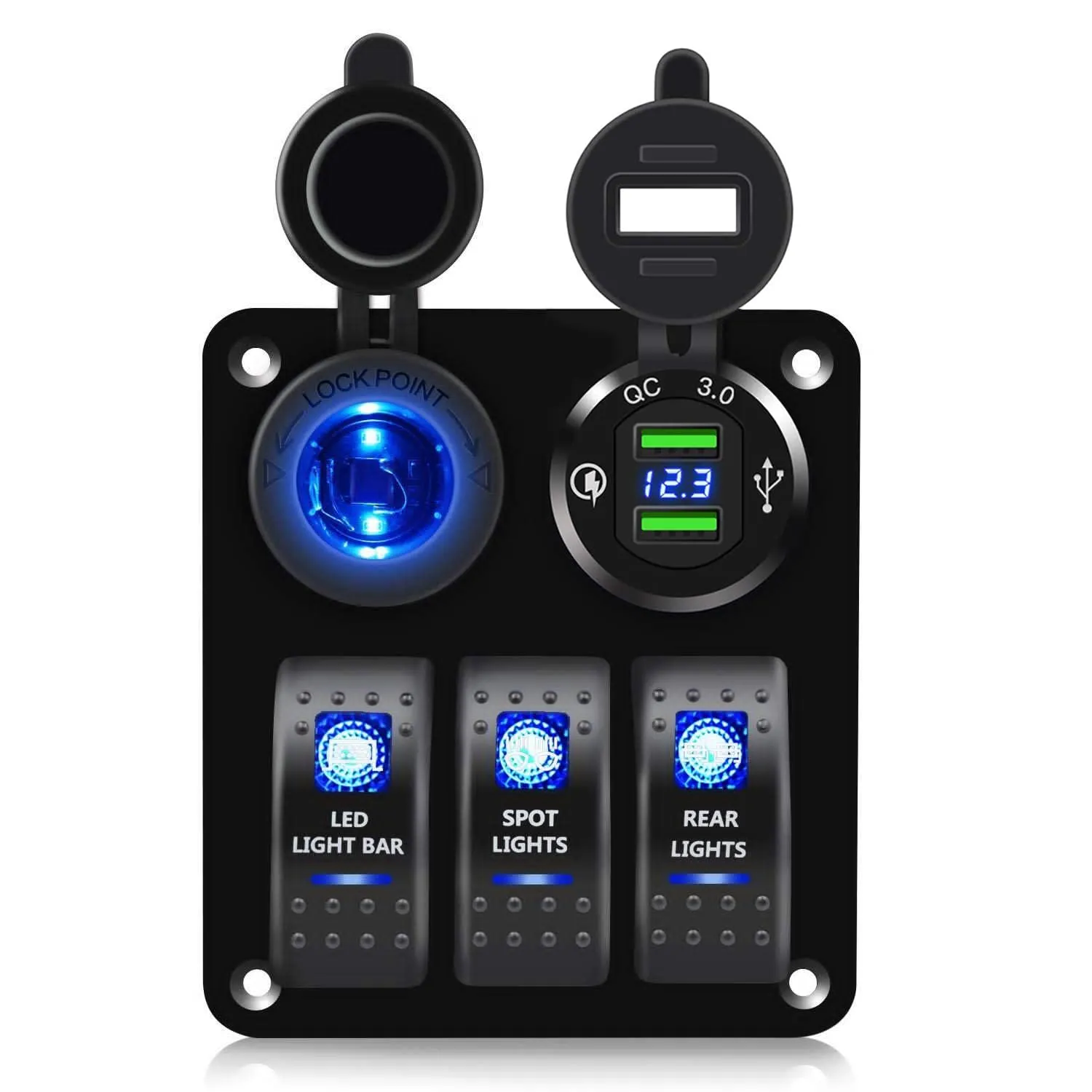 FXC 3 Gang Rocker Switch Aluminum Panel with Dual USB Port Charger Socket & Cigarette Lighter Socket Blue LED Light Waterproof On Off Toggle Switch for 12V/24V DC Marine Boat Truck Car ATVs