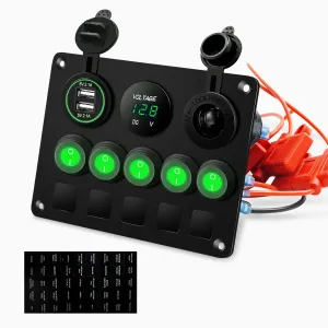 FXC 5 Gang Rocker Switch Panel with Dual USB Slot Socket 5V 4.2A   Cigarette Lighter   Voltmeter for Marine Boat Car Rv Vehicles Truck 12-24V Waterproof Blue LED (5B Green)