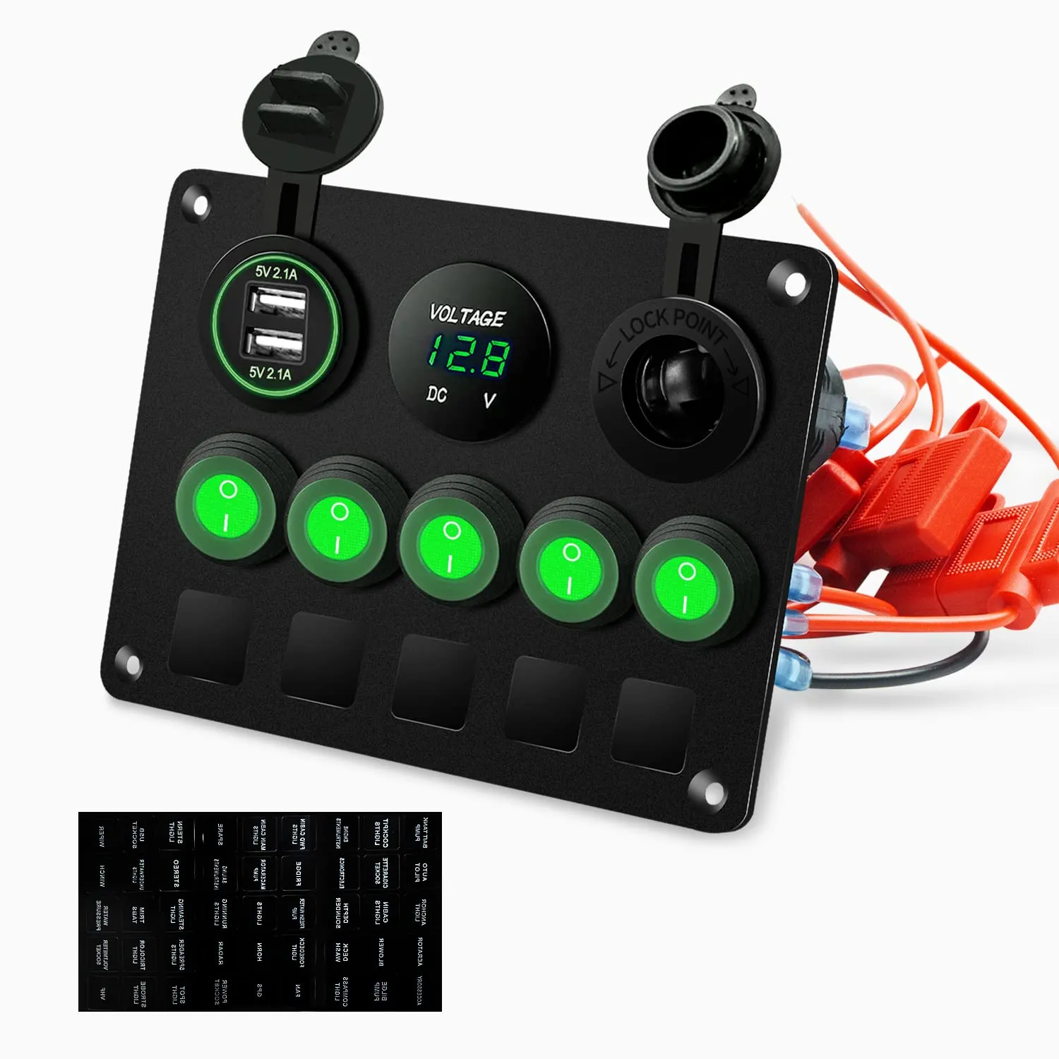 FXC 5 Gang Rocker Switch Panel with Dual USB Slot Socket 5V 4.2A   Cigarette Lighter   Voltmeter for Marine Boat Car Rv Vehicles Truck 12-24V Waterproof Blue LED (5B Green)