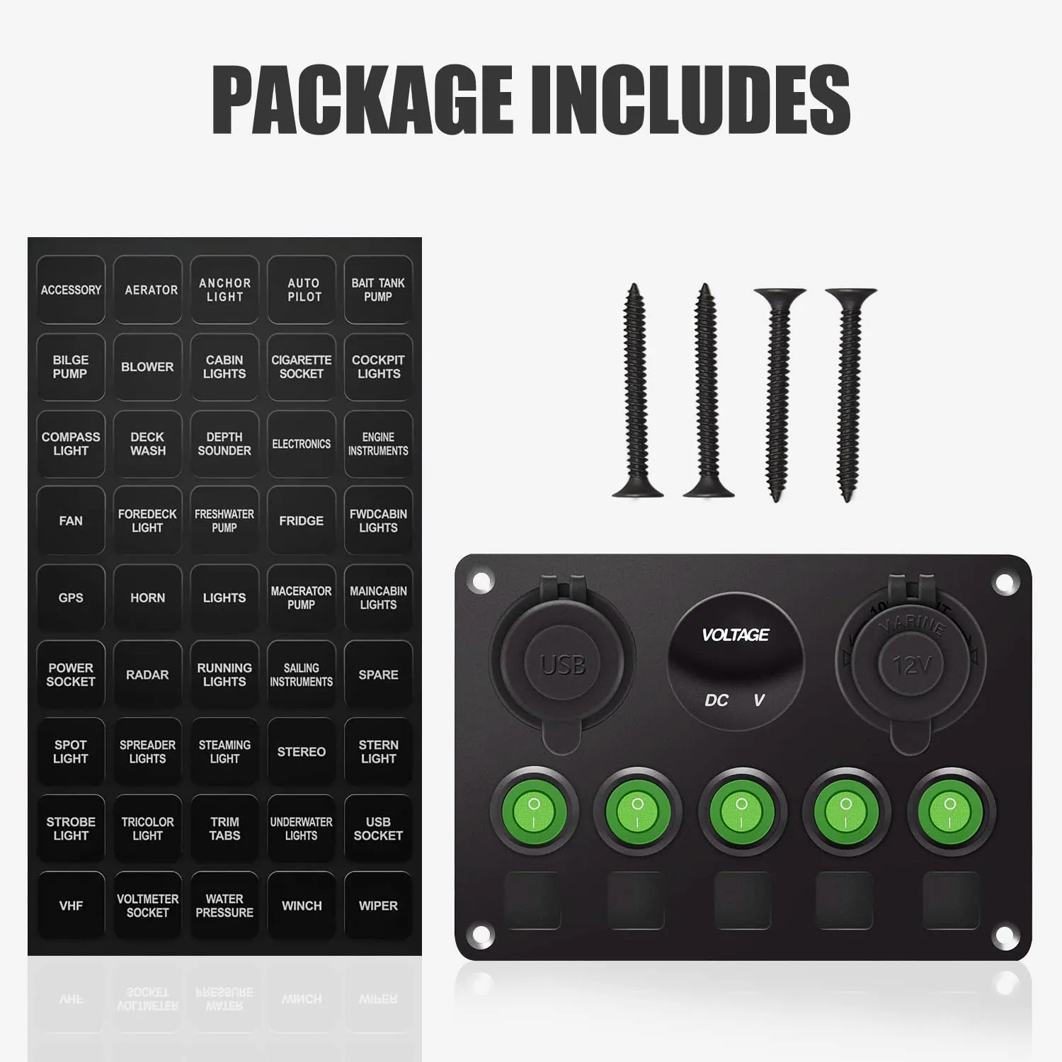 FXC 5 Gang Rocker Switch Panel with Dual USB Slot Socket 5V 4.2A   Cigarette Lighter   Voltmeter for Marine Boat Car Rv Vehicles Truck 12-24V Waterproof Blue LED (5B Green)