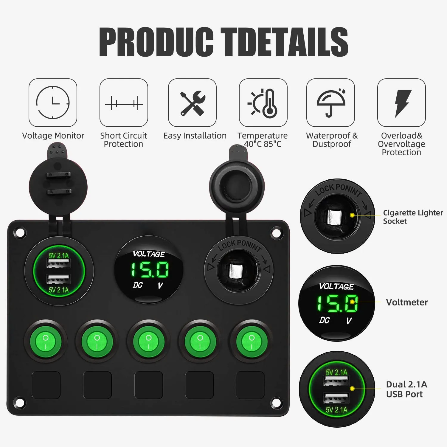 FXC 5 Gang Rocker Switch Panel with Dual USB Slot Socket 5V 4.2A   Cigarette Lighter   Voltmeter for Marine Boat Car Rv Vehicles Truck 12-24V Waterproof Blue LED (5B Green)