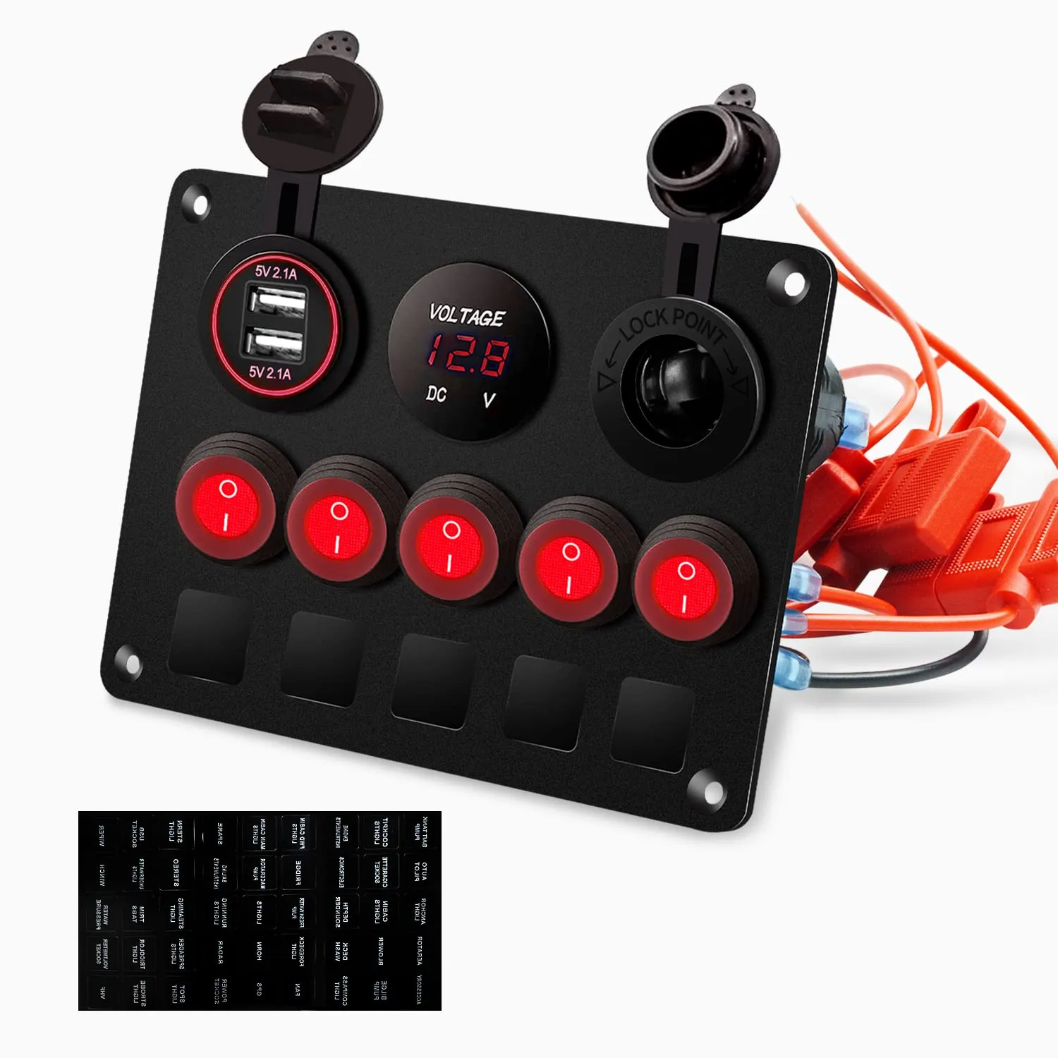FXC 5 Gang Rocker Switch Panel with Dual USB Slot Socket 5V 4.2A   Cigarette Lighter   Voltmeter for Marine Boat Car Rv Vehicles Truck 12-24V Waterproof Blue LED (5B Red)