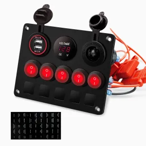 FXC 5 Gang Rocker Switch Panel with Dual USB Slot Socket 5V 4.2A   Cigarette Lighter   Voltmeter for Marine Boat Car Rv Vehicles Truck 12-24V Waterproof Blue LED (5B Red)