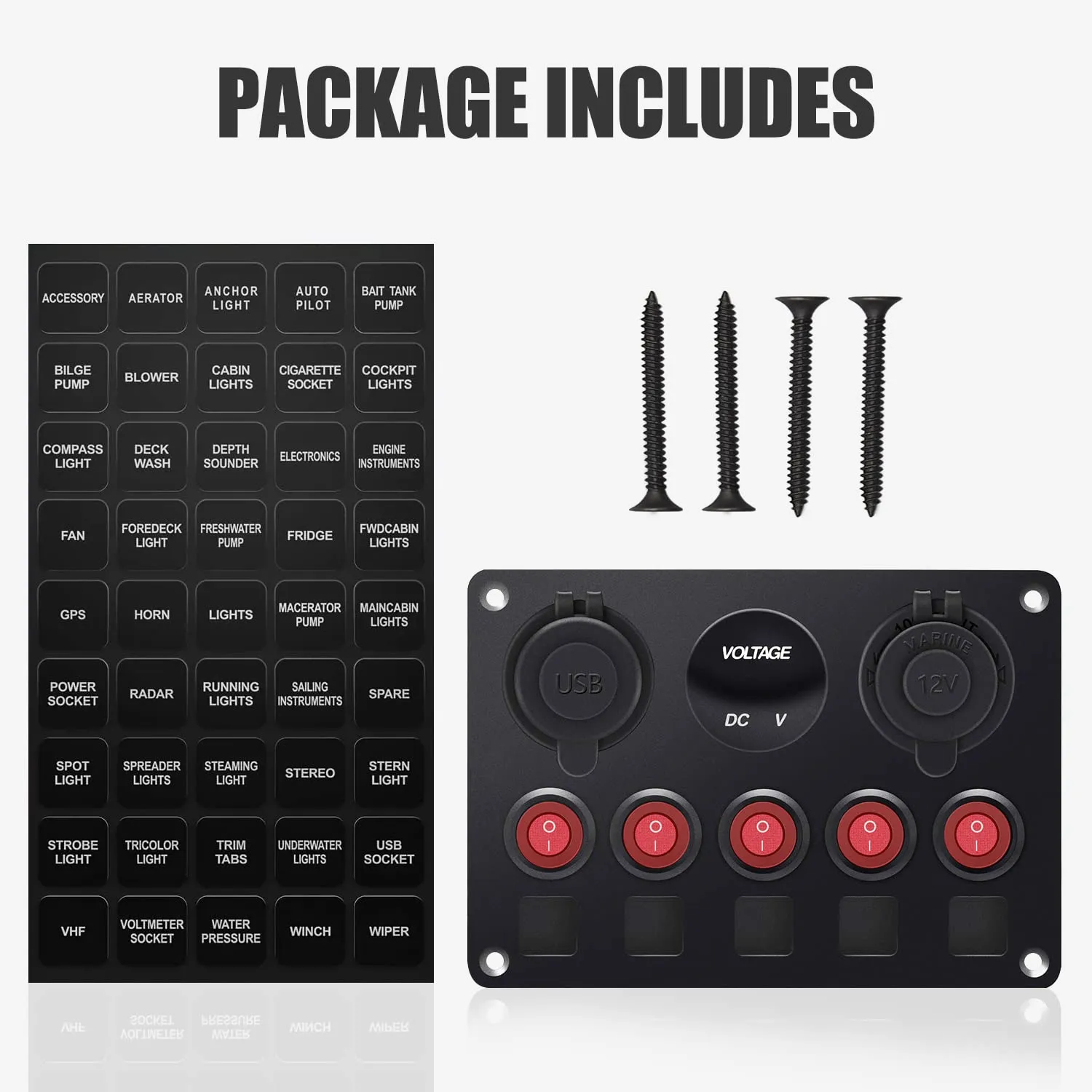FXC 5 Gang Rocker Switch Panel with Dual USB Slot Socket 5V 4.2A   Cigarette Lighter   Voltmeter for Marine Boat Car Rv Vehicles Truck 12-24V Waterproof Blue LED (5B Red)