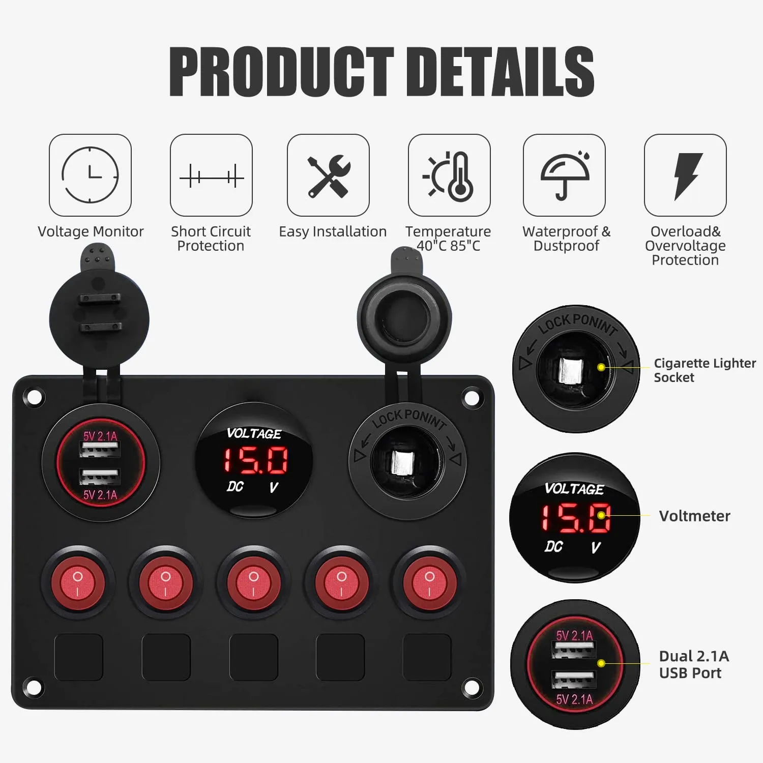 FXC 5 Gang Rocker Switch Panel with Dual USB Slot Socket 5V 4.2A   Cigarette Lighter   Voltmeter for Marine Boat Car Rv Vehicles Truck 12-24V Waterproof Blue LED (5B Red)