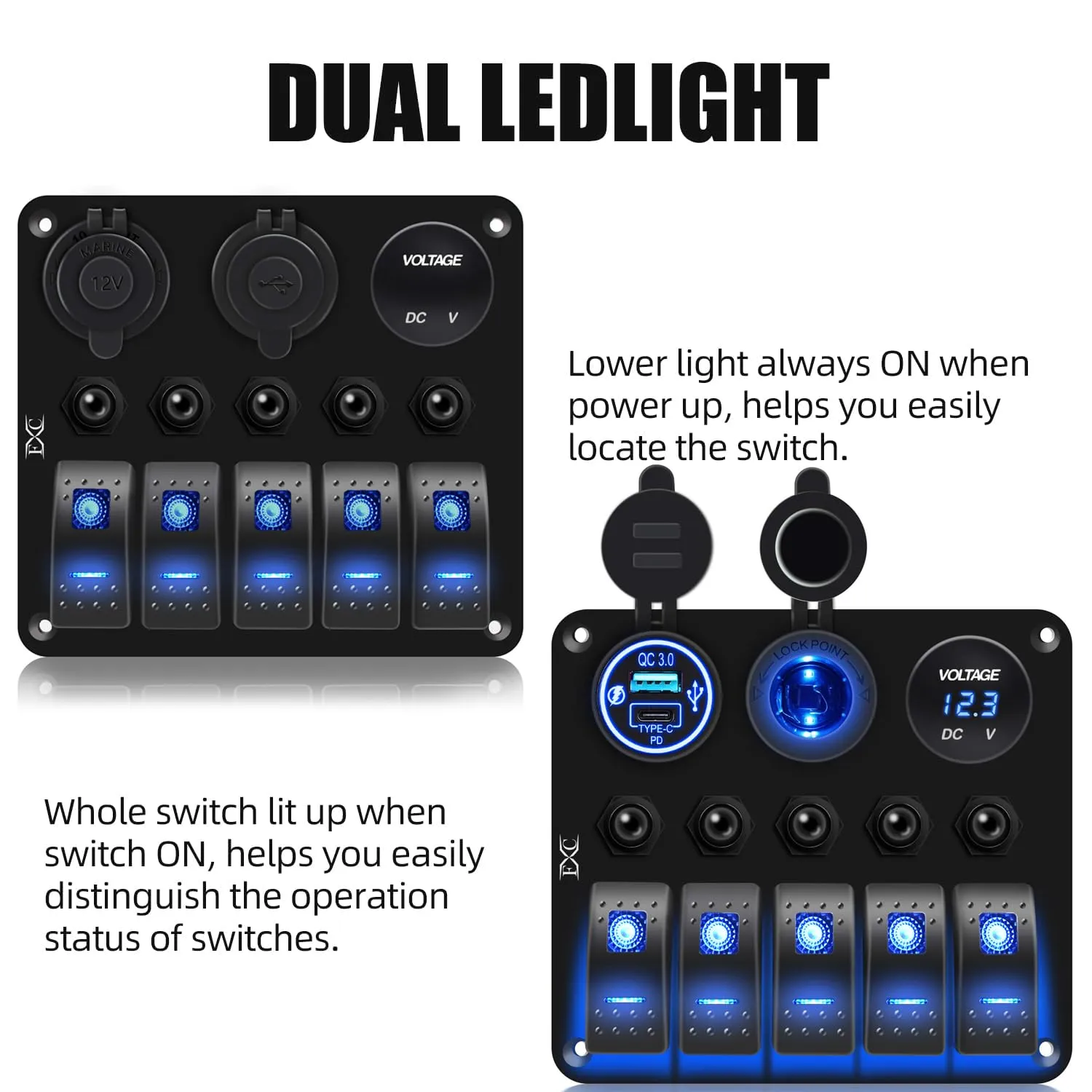 FXC Waterproof Marine Boat Blue Rocker Switch Panel 5 Gang with QC3.0 USB & Type-C Slot Socket   Cigarette Lighter  LED Voltmeter with Overload Protection Circuit Breaker for Car Rv Vehicles Truck