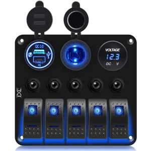 FXC Waterproof Marine Boat Blue Rocker Switch Panel 5 Gang with QC3.0 USB & Type-C Slot Socket   Cigarette Lighter  LED Voltmeter with Overload Protection Circuit Breaker for Car Rv Vehicles Truck