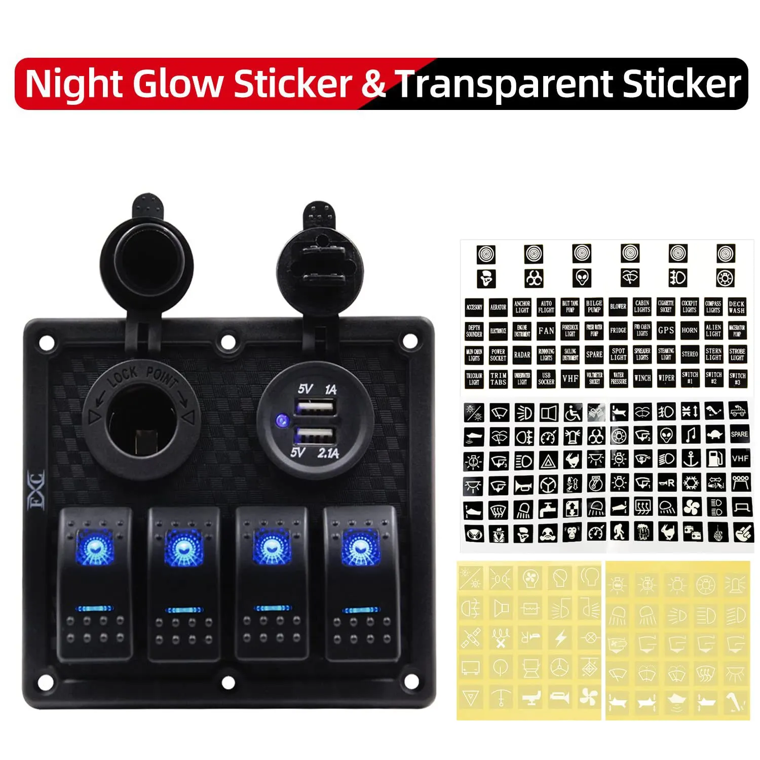 FXC Waterproof Marine Boat Rocker Switch Panel 4 Gang with Dual USB Slot Socket   Cigarette Lighter LED Light for Car Rv Vehicles Truck (4 Gang Blue Light)