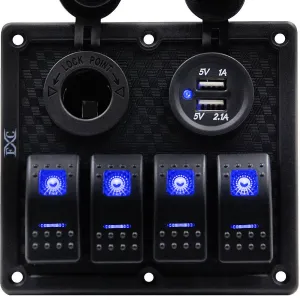 FXC Waterproof Marine Boat Rocker Switch Panel 4 Gang with Dual USB Slot Socket   Cigarette Lighter LED Light for Car Rv Vehicles Truck (4 Gang Blue Light)