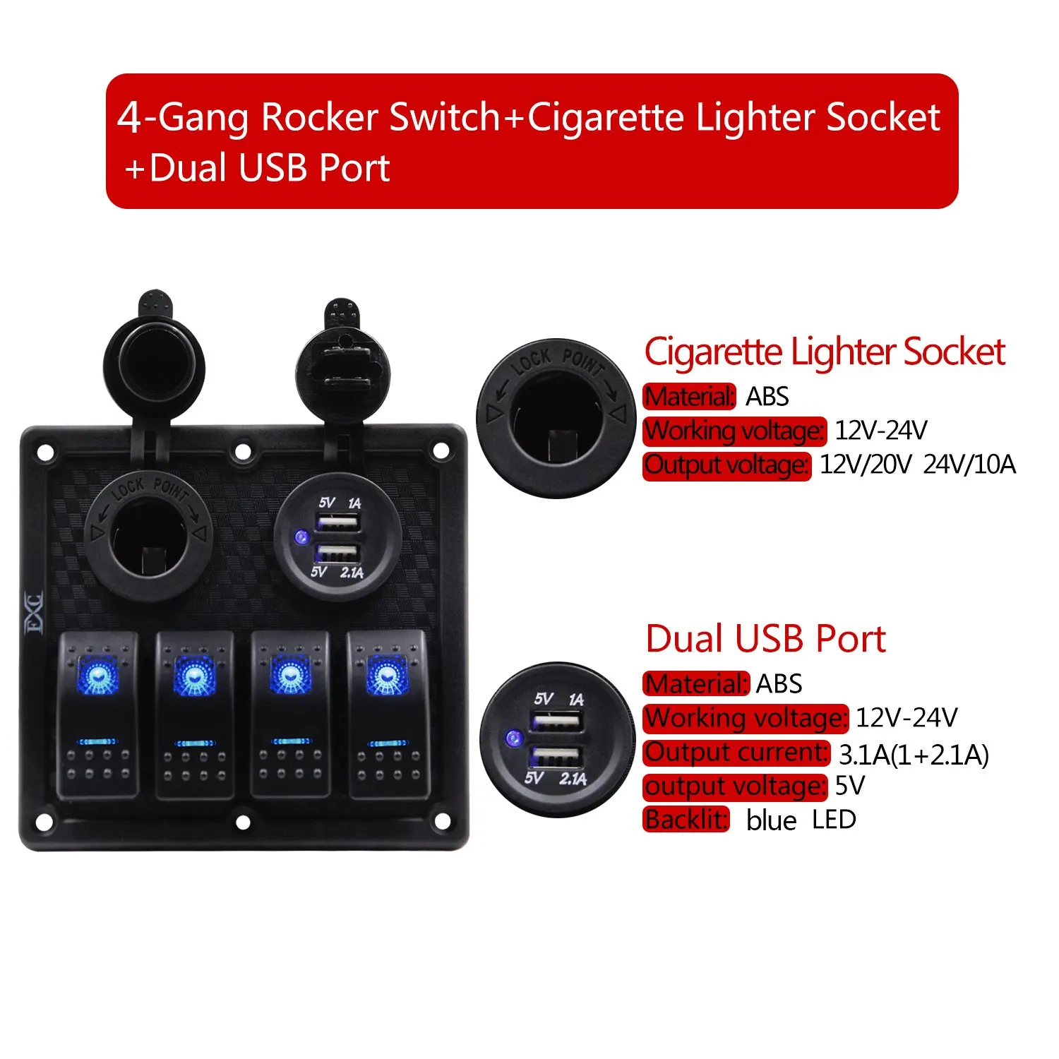 FXC Waterproof Marine Boat Rocker Switch Panel 4 Gang with Dual USB Slot Socket   Cigarette Lighter LED Light for Car Rv Vehicles Truck (4 Gang Blue Light)