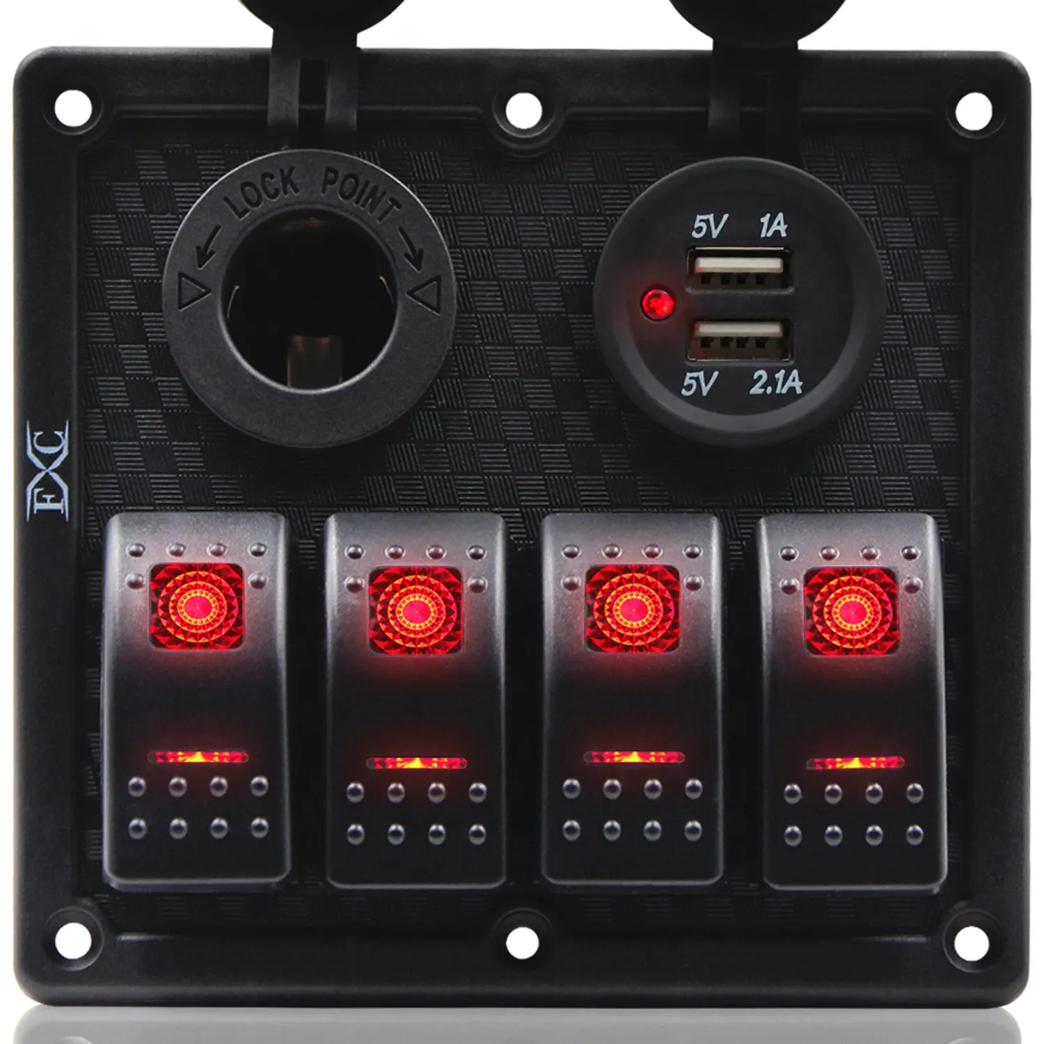 FXC Waterproof Marine Boat Rocker Switch Panel 4 Gang with Dual USB Slot Socket   Cigarette Lighter LED Light for Car Rv Vehicles Truck (4 Gang Red Light)