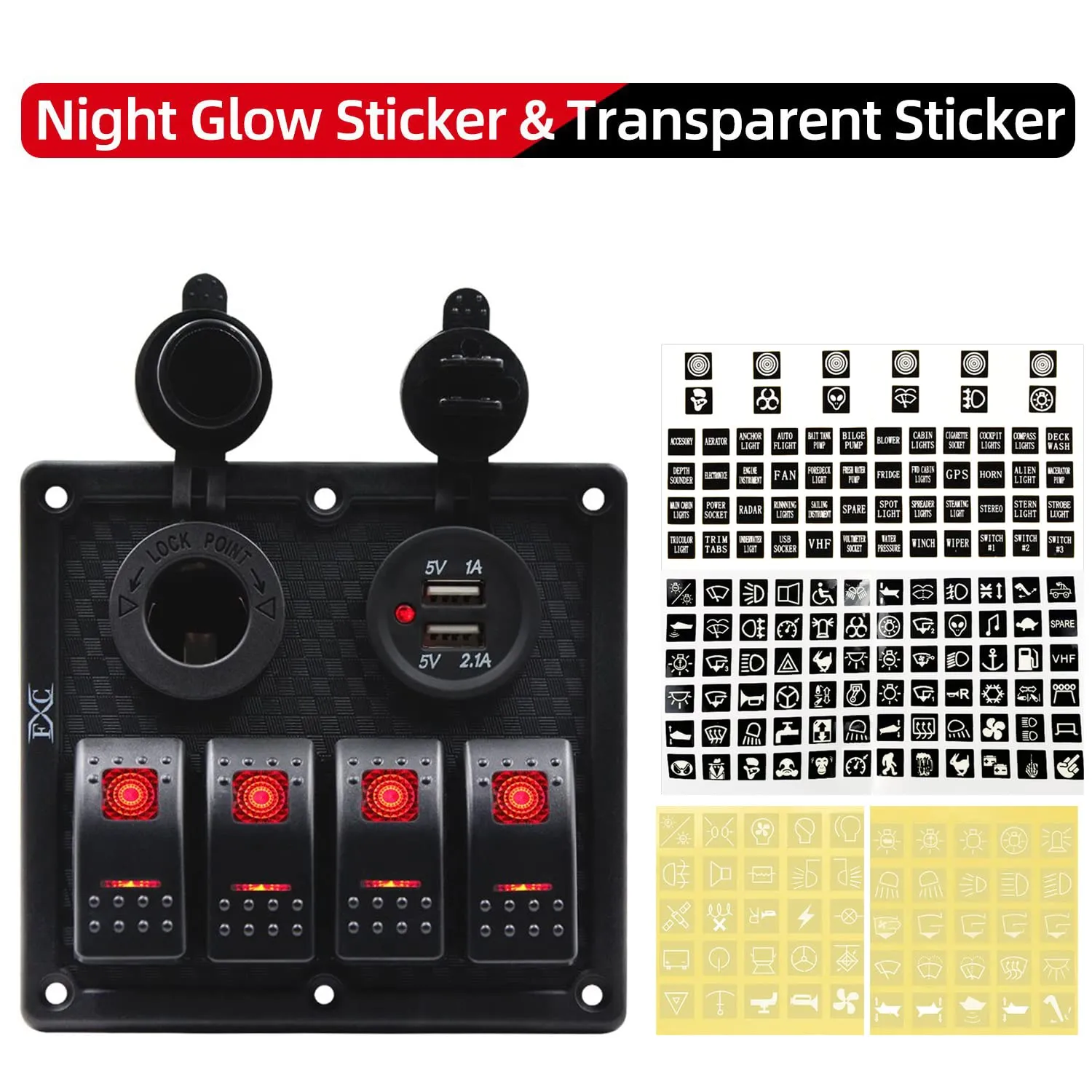 FXC Waterproof Marine Boat Rocker Switch Panel 4 Gang with Dual USB Slot Socket   Cigarette Lighter LED Light for Car Rv Vehicles Truck (4 Gang Red Light)