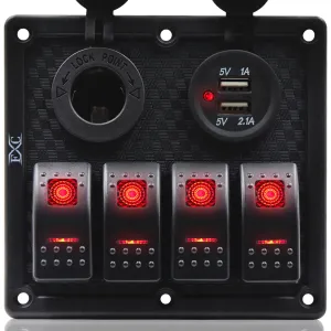 FXC Waterproof Marine Boat Rocker Switch Panel 4 Gang with Dual USB Slot Socket   Cigarette Lighter LED Light for Car Rv Vehicles Truck (4 Gang Red Light)