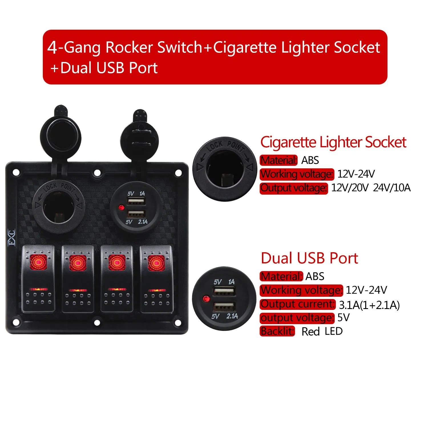 FXC Waterproof Marine Boat Rocker Switch Panel 4 Gang with Dual USB Slot Socket   Cigarette Lighter LED Light for Car Rv Vehicles Truck (4 Gang Red Light)