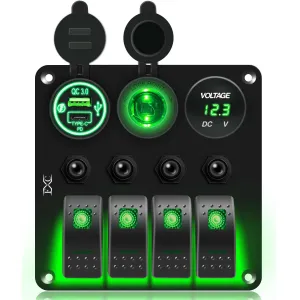 FXC Waterproof Marine Boat Rocker Switch Panel 4 Gang with QC3.0 USB & Type-C Slot Socket   Cigarette Lighter  LED Voltmeter with Overload Protection for Car Rv Vehicles Truck (4 Gang Green LED)