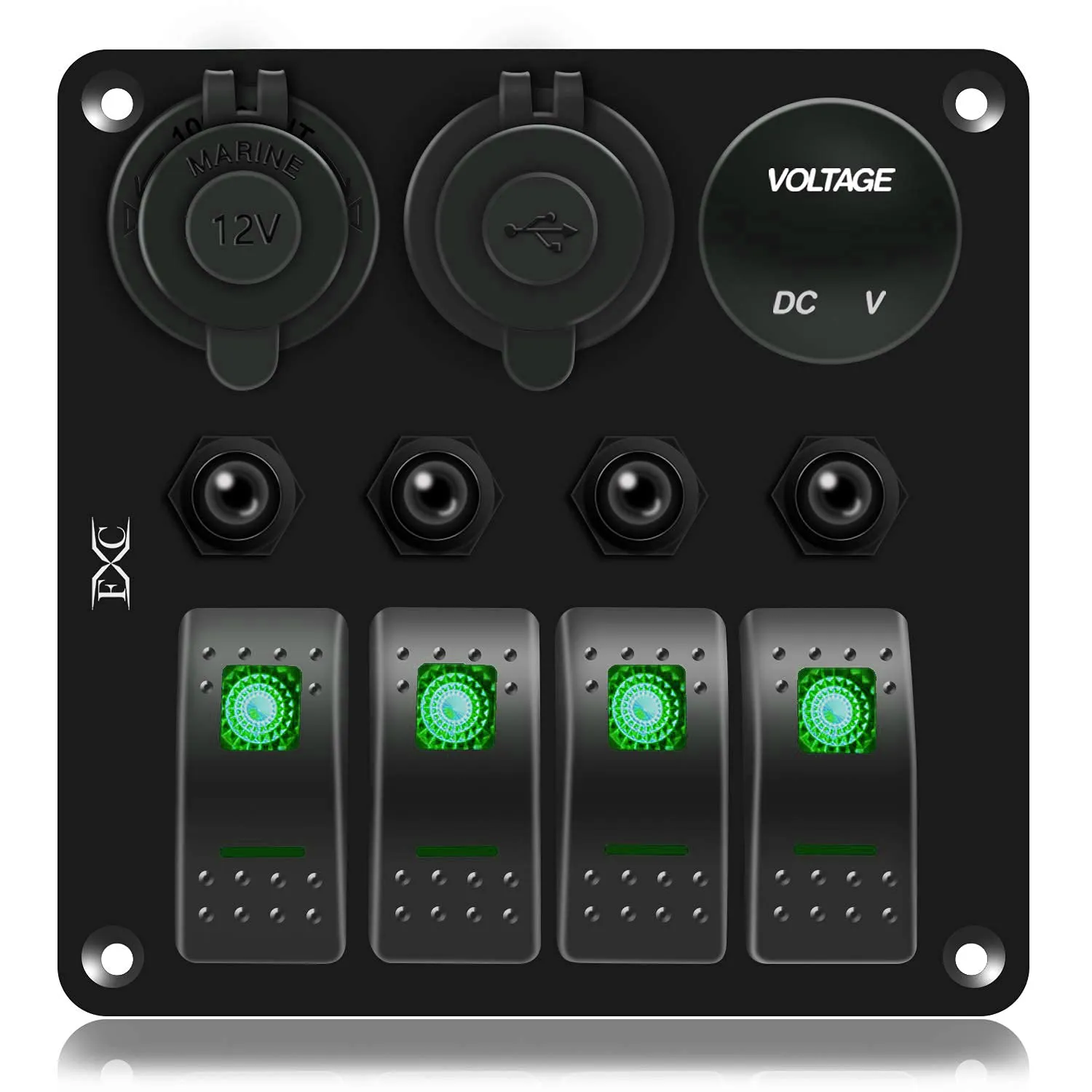 FXC Waterproof Marine Boat Rocker Switch Panel 4 Gang with QC3.0 USB & Type-C Slot Socket   Cigarette Lighter  LED Voltmeter with Overload Protection for Car Rv Vehicles Truck (4 Gang Green LED)
