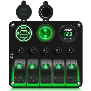 FXC Waterproof Marine Boat Rocker Switch Panel 5 Gang with QC3.0 USB & Type-C Slot Socket   Cigarette Lighter  LED Voltmeter with Overload Protection for Car Rv Vehicles Truck (5 Gang Green LED)