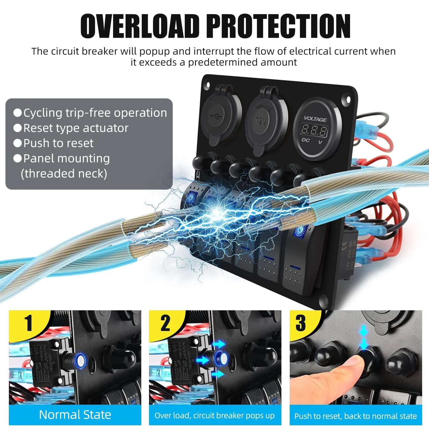 FXC Waterproof Marine Boat Rocker Switch Panel 5 Gang with QC3.0 USB & Type-C Slot Socket   Cigarette Lighter  LED Voltmeter with Overload Protection for Car Rv Vehicles Truck (5 Gang Green LED)