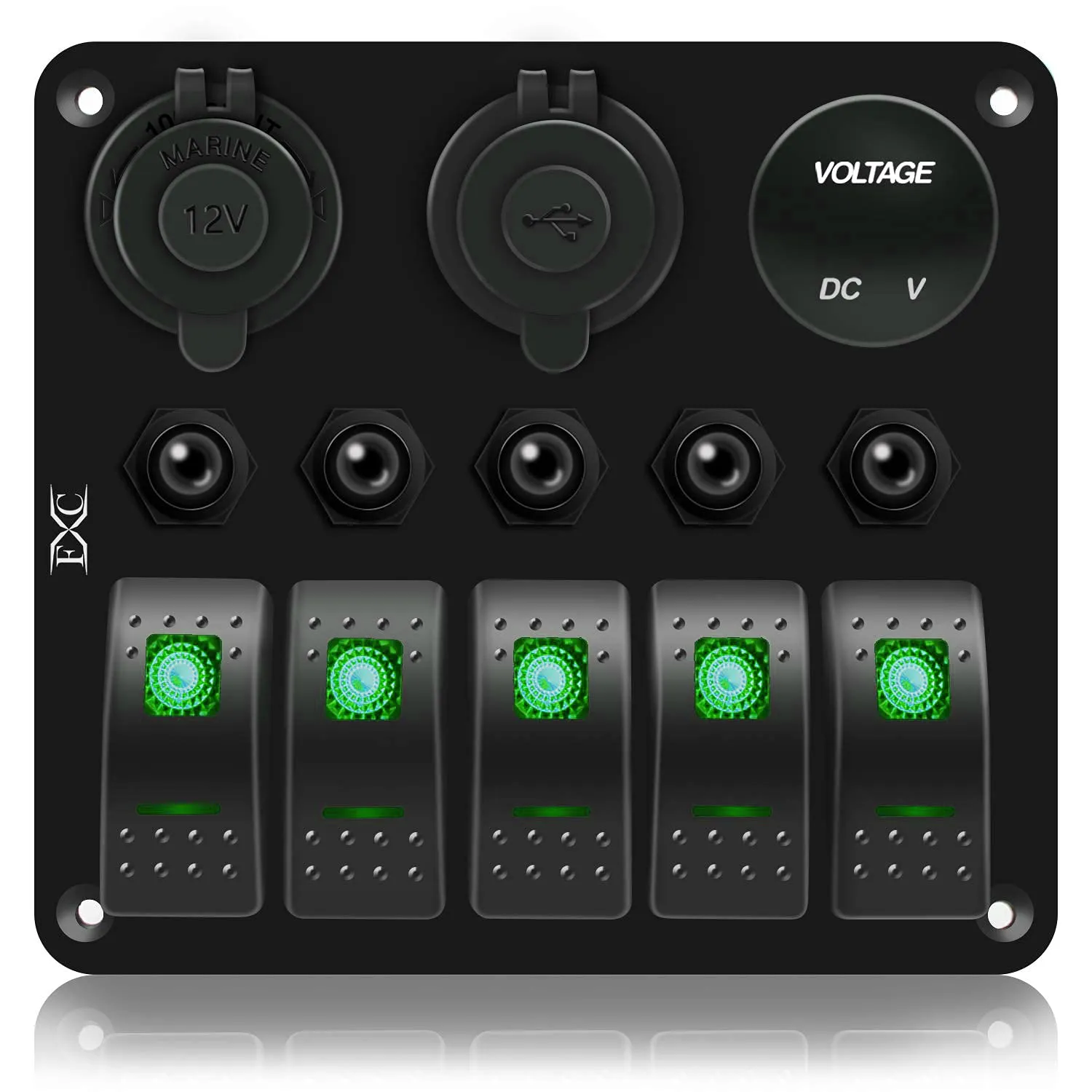 FXC Waterproof Marine Boat Rocker Switch Panel 5 Gang with QC3.0 USB & Type-C Slot Socket   Cigarette Lighter  LED Voltmeter with Overload Protection for Car Rv Vehicles Truck (5 Gang Green LED)