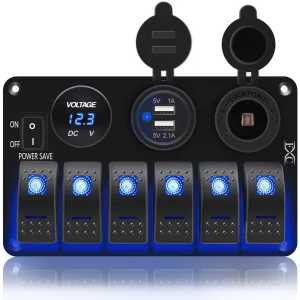 FXC Waterproof Marine Boat Rocker Switch Panel 6 Gang with 3.1A Dual USB Slot Socket   Cigarette Lighter  LED Voltmeter with Power-Save for Car Rv Vehicles Truck (6 Gang Blue LED)