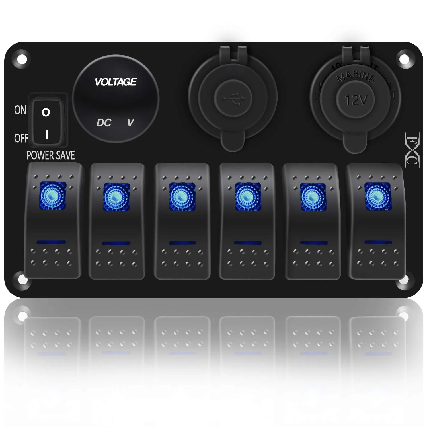 FXC Waterproof Marine Boat Rocker Switch Panel 6 Gang with 3.1A Dual USB Slot Socket   Cigarette Lighter  LED Voltmeter with Power-Save for Car Rv Vehicles Truck (6 Gang Blue LED)