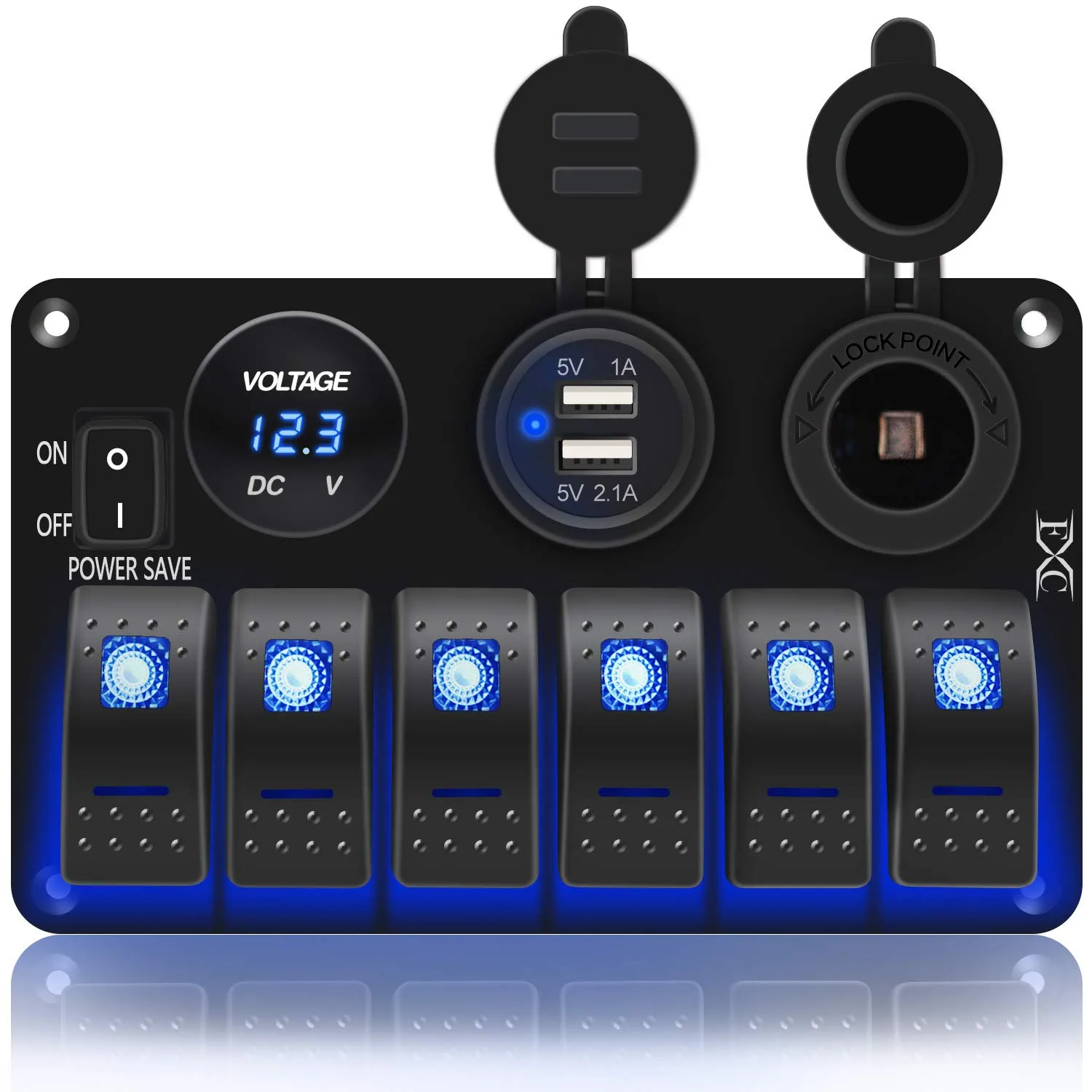 FXC Waterproof Marine Boat Rocker Switch Panel 6 Gang with 3.1A Dual USB Slot Socket   Cigarette Lighter  LED Voltmeter with Power-Save for Car Rv Vehicles Truck (6 Gang Blue LED)