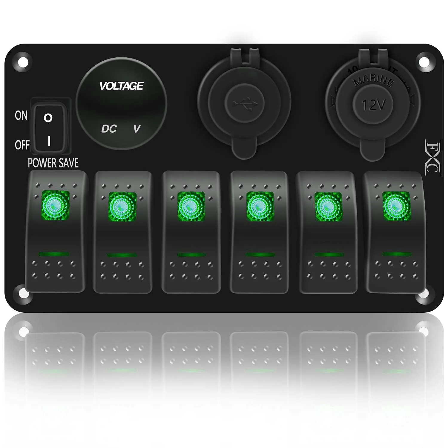 FXC Waterproof Marine Boat Rocker Switch Panel 6 Gang with 3.1A Dual USB Slot Socket   Cigarette Lighter  LED Voltmeter with Power-Save for Car Rv Vehicles Truck (6 Gang Geen LED)
