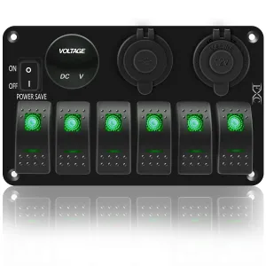 FXC Waterproof Marine Boat Rocker Switch Panel 6 Gang with 3.1A Dual USB Slot Socket   Cigarette Lighter  LED Voltmeter with Power-Save for Car Rv Vehicles Truck (6 Gang Geen LED)