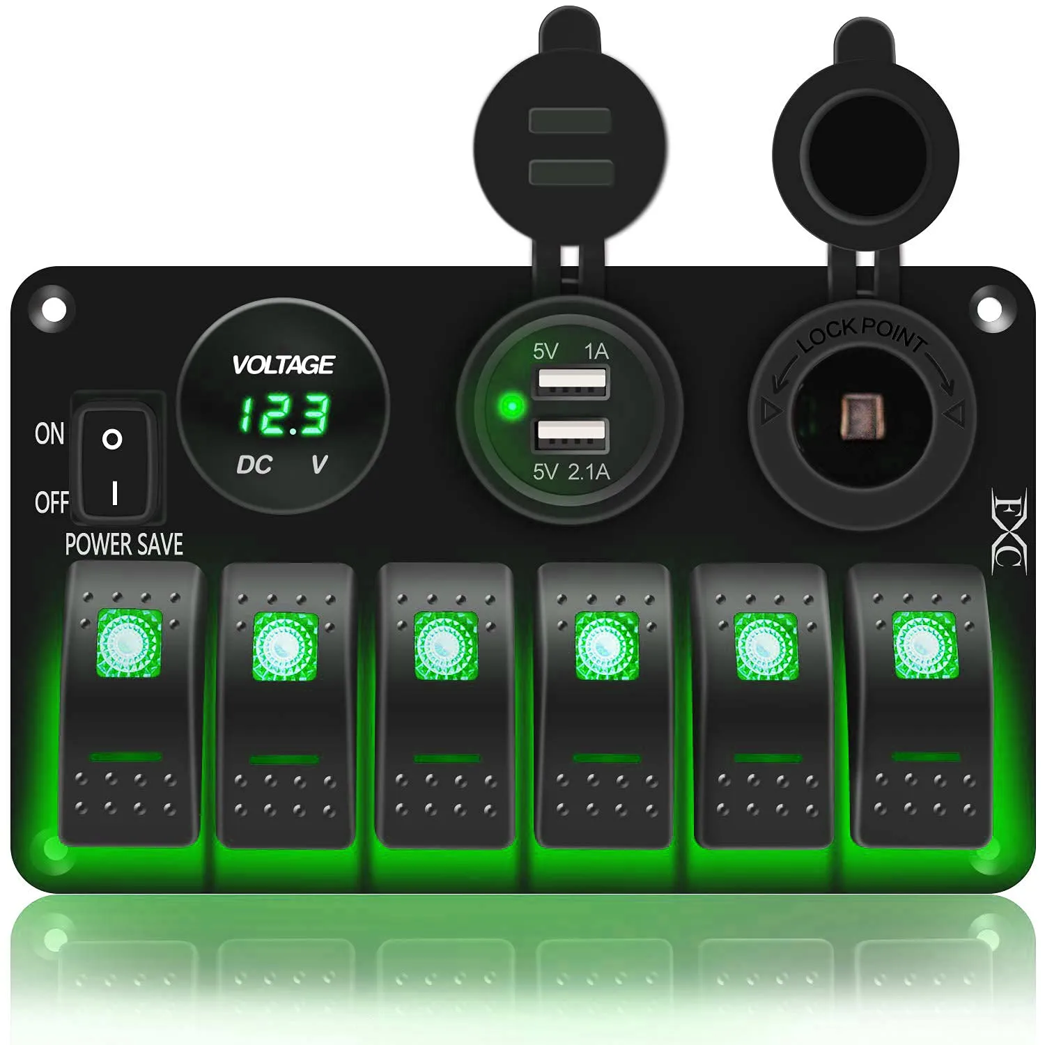 FXC Waterproof Marine Boat Rocker Switch Panel 6 Gang with 3.1A Dual USB Slot Socket   Cigarette Lighter  LED Voltmeter with Power-Save for Car Rv Vehicles Truck (6 Gang Geen LED)