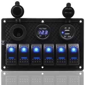 FXC Waterproof Marine Boat Rocker Switch Panel 6 Gang with Dual USB Slot Socket   Cigarette Lighter   Digital Voltage Display LED Light for Car Rv Vehicles Truck (6 Gang Blue Light)