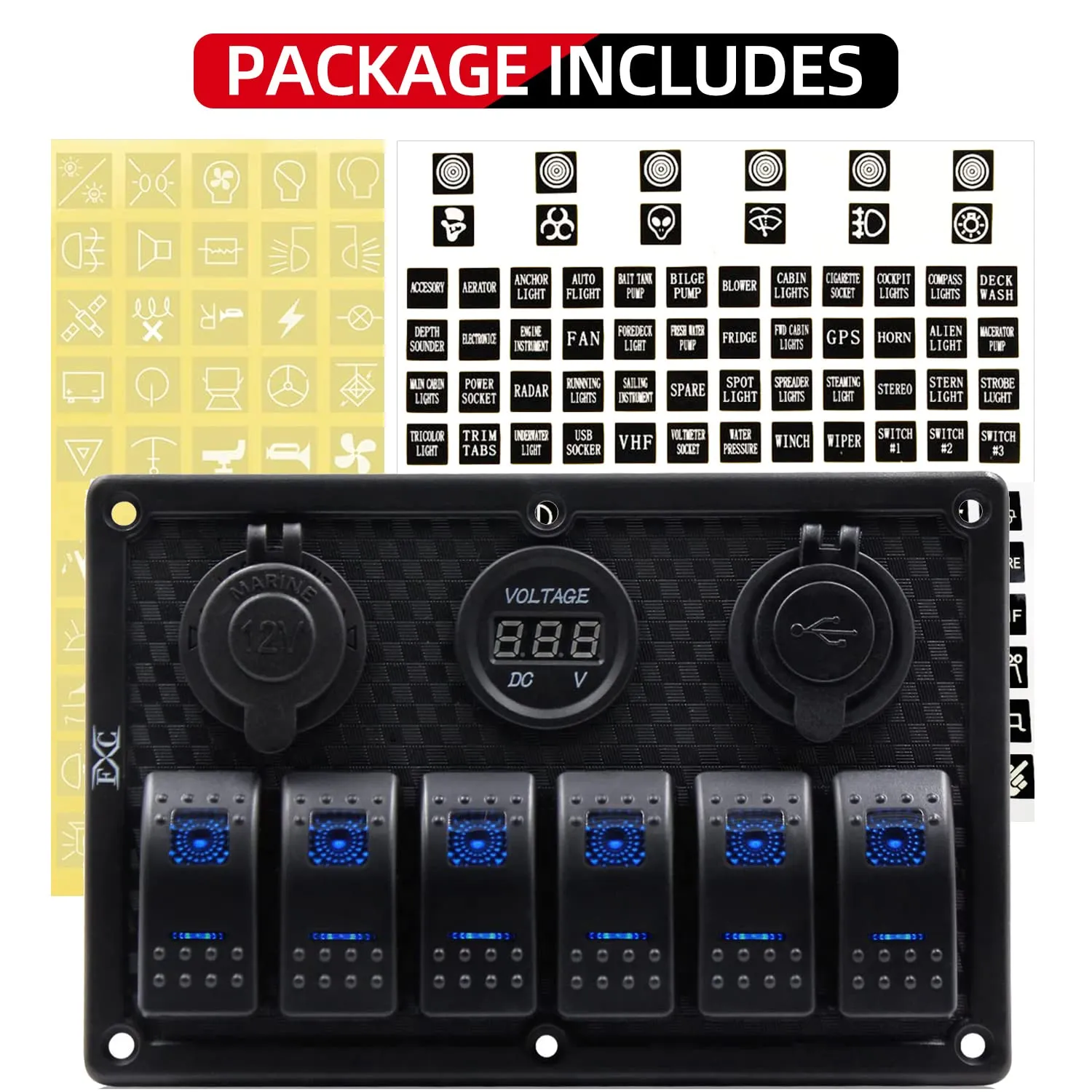 FXC Waterproof Marine Boat Rocker Switch Panel 6 Gang with Dual USB Slot Socket   Cigarette Lighter   Digital Voltage Display LED Light for Car Rv Vehicles Truck (6 Gang Blue Light)