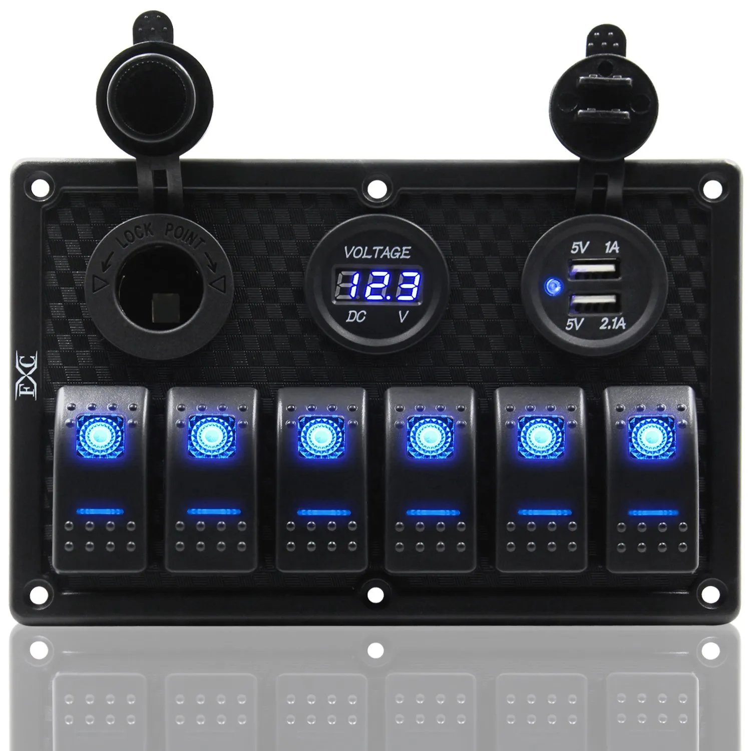 FXC Waterproof Marine Boat Rocker Switch Panel 6 Gang with Dual USB Slot Socket   Cigarette Lighter   Digital Voltage Display LED Light for Car Rv Vehicles Truck (6 Gang Blue Light)