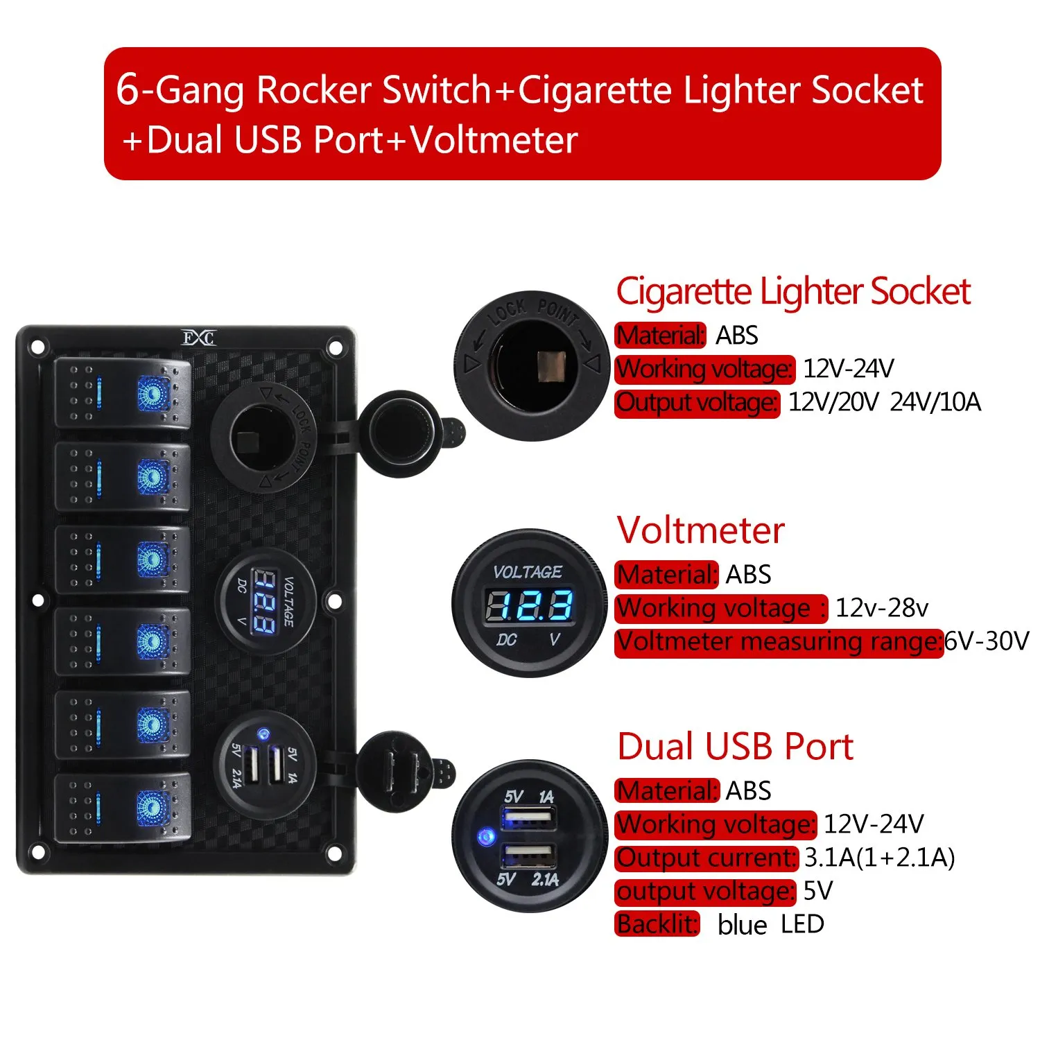 FXC Waterproof Marine Boat Rocker Switch Panel 6 Gang with Dual USB Slot Socket   Cigarette Lighter   Digital Voltage Display LED Light for Car Rv Vehicles Truck (6 Gang Blue Light)