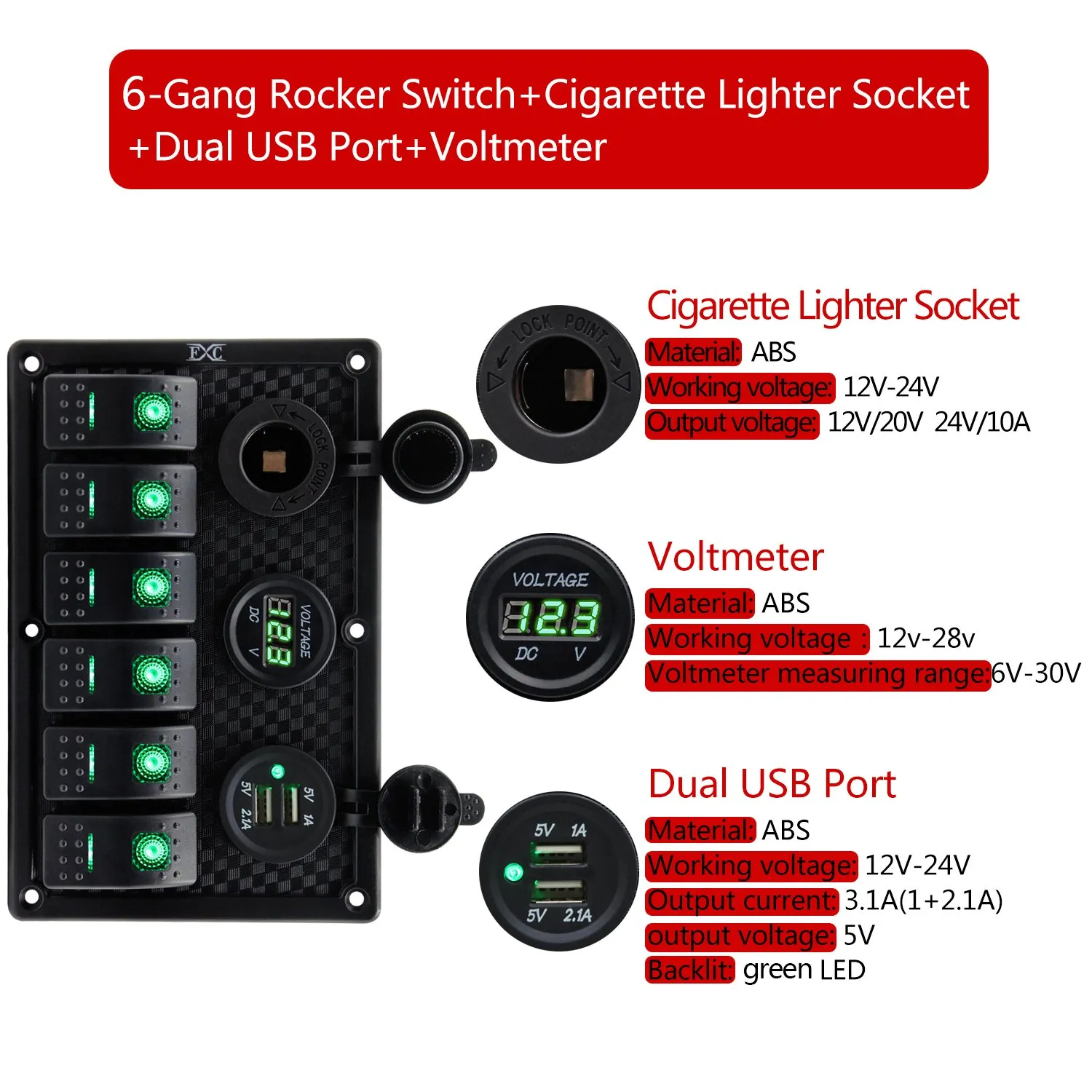 FXC Waterproof Marine Boat Rocker Switch Panel 6 Gang with Dual USB Slot Socket   Cigarette Lighter   Digital Voltage Display LED Light for Car Rv Vehicles Truck (6 Gang Green Light)