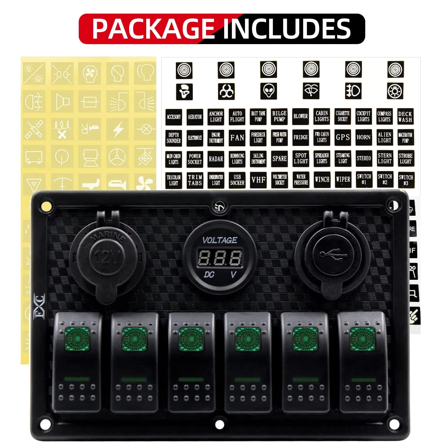 FXC Waterproof Marine Boat Rocker Switch Panel 6 Gang with Dual USB Slot Socket   Cigarette Lighter   Digital Voltage Display LED Light for Car Rv Vehicles Truck (6 Gang Green Light)
