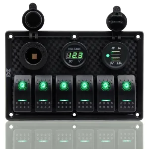 FXC Waterproof Marine Boat Rocker Switch Panel 6 Gang with Dual USB Slot Socket   Cigarette Lighter   Digital Voltage Display LED Light for Car Rv Vehicles Truck (6 Gang Green Light)