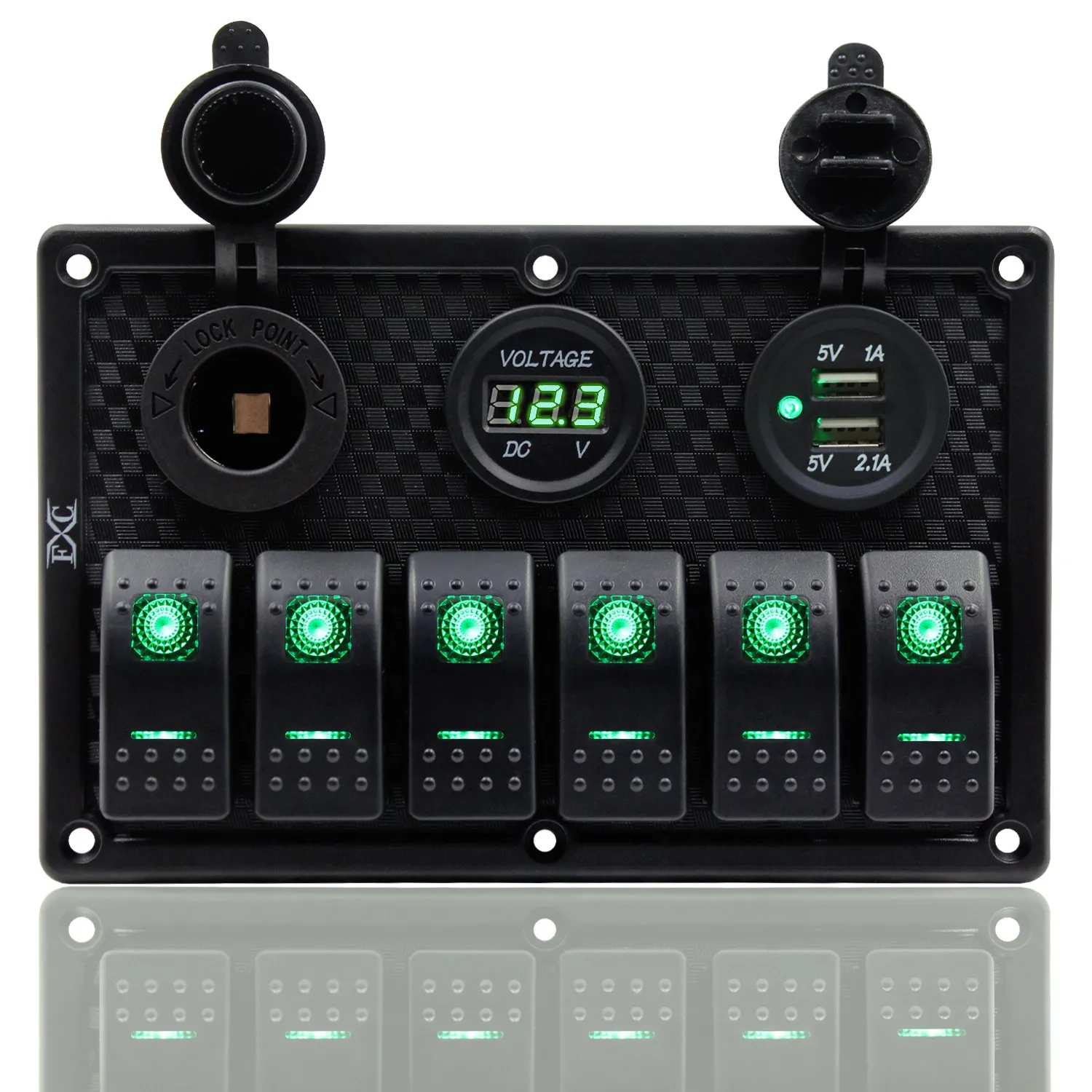 FXC Waterproof Marine Boat Rocker Switch Panel 6 Gang with Dual USB Slot Socket   Cigarette Lighter   Digital Voltage Display LED Light for Car Rv Vehicles Truck (6 Gang Green Light)