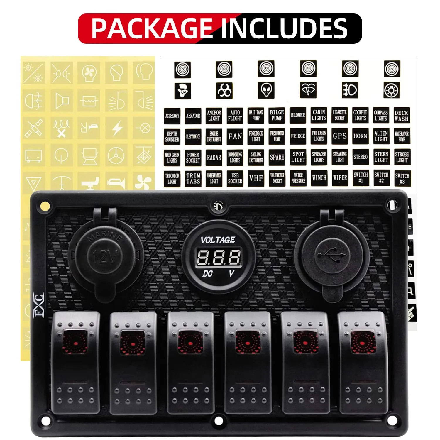 FXC Waterproof Marine Boat Rocker Switch Panel 6 Gang with Dual USB Slot Socket   Cigarette Lighter   Digital Voltage Display LED Light for Car Rv Vehicles Truck (6 Gang Red Light)