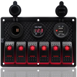FXC Waterproof Marine Boat Rocker Switch Panel 6 Gang with Dual USB Slot Socket   Cigarette Lighter   Digital Voltage Display LED Light for Car Rv Vehicles Truck (6 Gang Red Light)