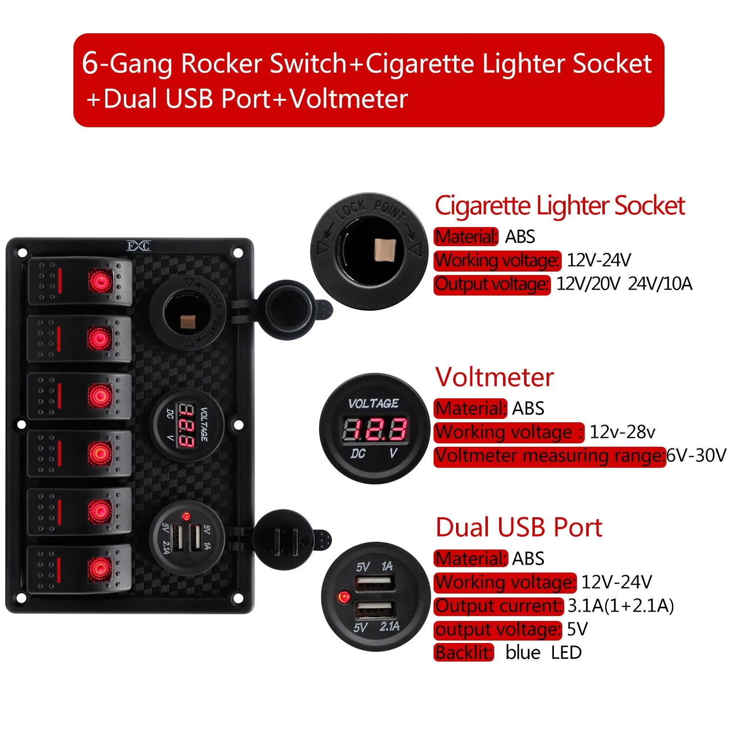 FXC Waterproof Marine Boat Rocker Switch Panel 6 Gang with Dual USB Slot Socket   Cigarette Lighter   Digital Voltage Display LED Light for Car Rv Vehicles Truck (6 Gang Red Light)