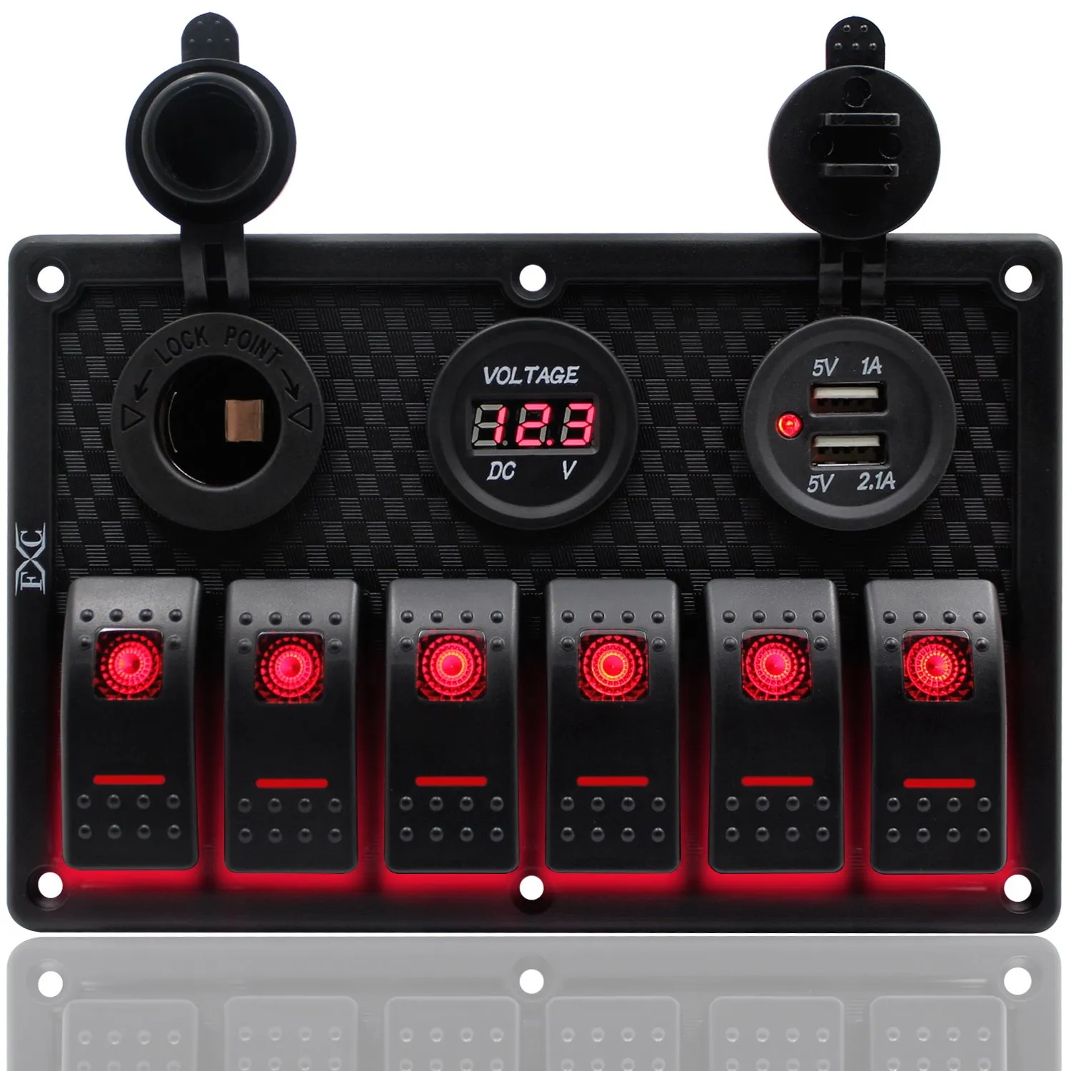 FXC Waterproof Marine Boat Rocker Switch Panel 6 Gang with Dual USB Slot Socket   Cigarette Lighter   Digital Voltage Display LED Light for Car Rv Vehicles Truck (6 Gang Red Light)