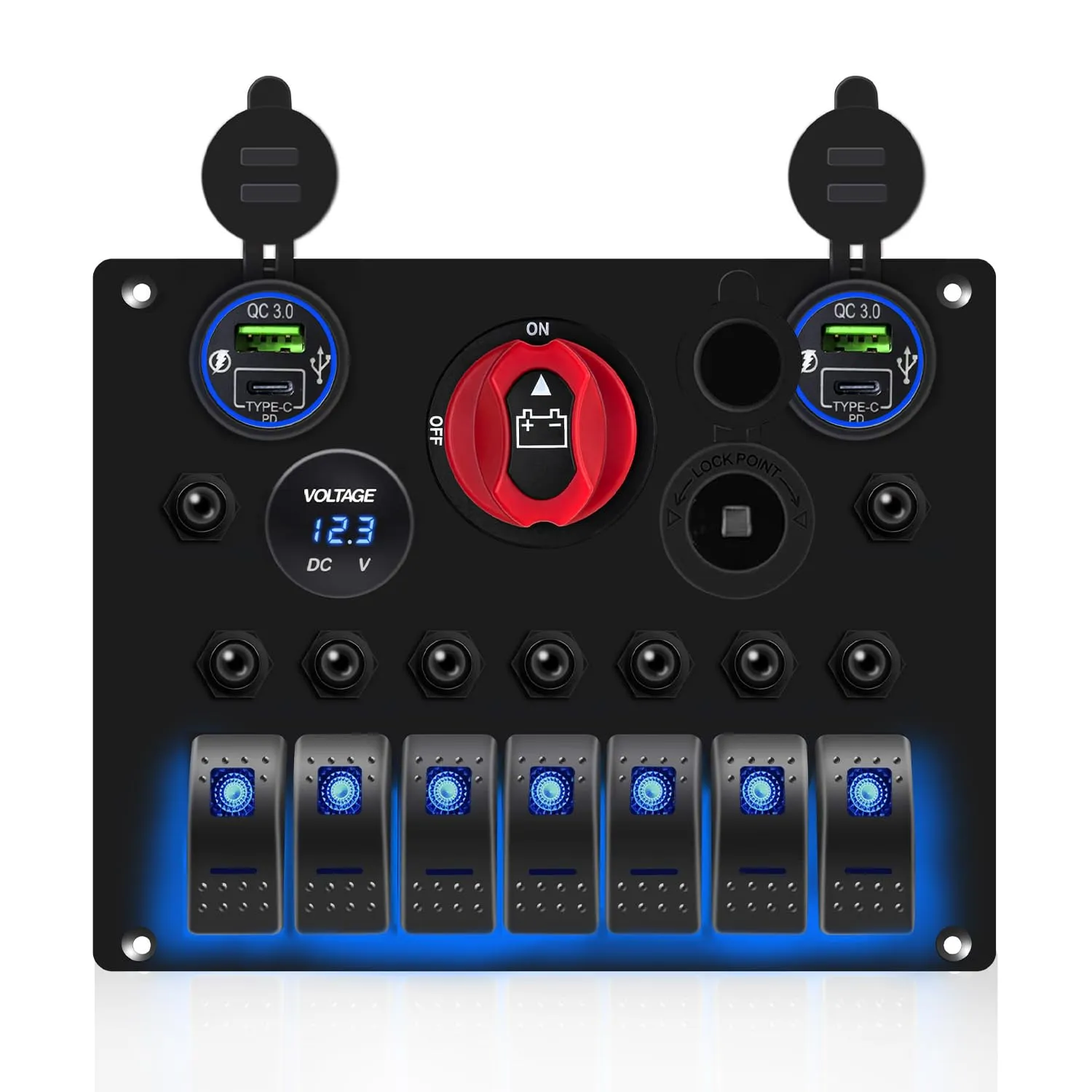 FXC Waterproof Marine Boat Rocker Switch Panel 7 Gang with ON-Off Power Battery Master Kill Switches, QC3.0 USB Socket   Cigarette Lighter  LED Voltmeter with 15A Overload Protection