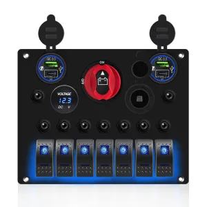 FXC Waterproof Marine Boat Rocker Switch Panel 7 Gang with ON-Off Power Battery Master Kill Switches, QC3.0 USB Socket   Cigarette Lighter  LED Voltmeter with 15A Overload Protection