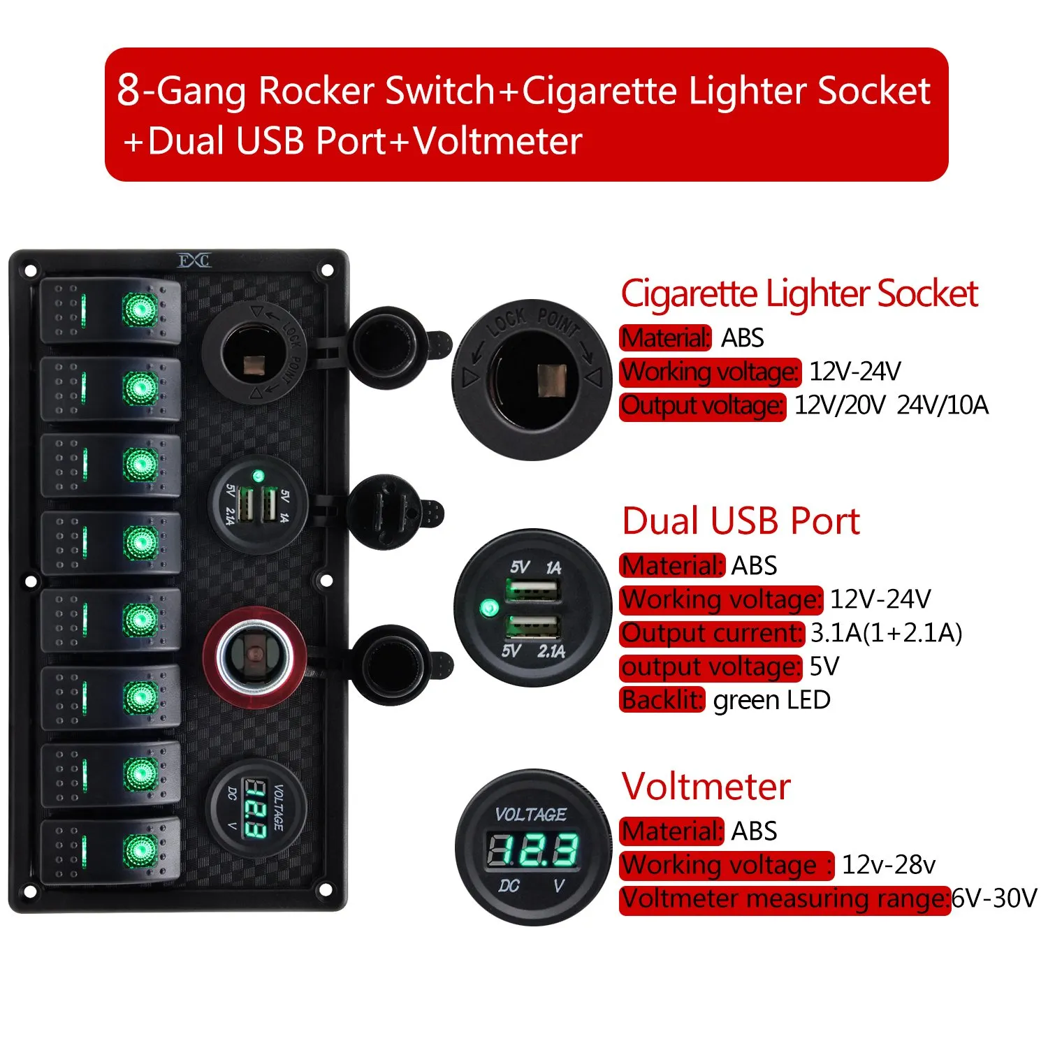 FXC Waterproof Marine Boat Rocker Switch Panel 8 Gang with Dual USB Slot Socket   Cigarette Lighter and adapter   Digital Voltage Display LED Light for Car Rv Vehicles Truck (8 Gang Green Light)