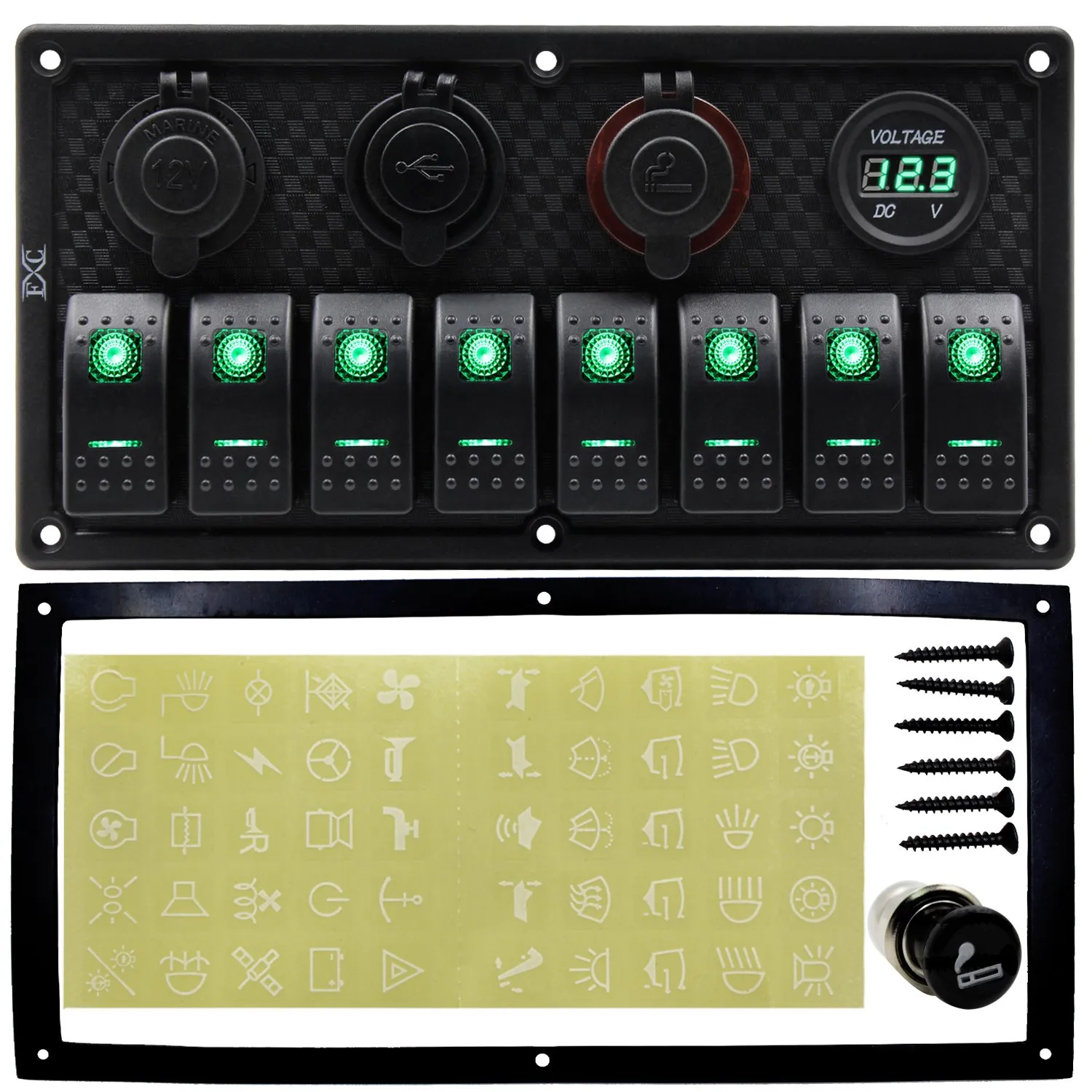 FXC Waterproof Marine Boat Rocker Switch Panel 8 Gang with Dual USB Slot Socket   Cigarette Lighter and adapter   Digital Voltage Display LED Light for Car Rv Vehicles Truck (8 Gang Green Light)