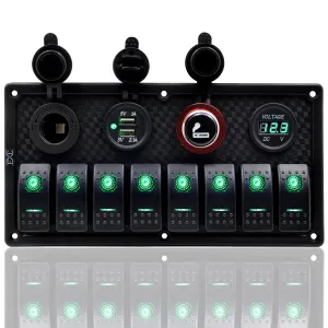 FXC Waterproof Marine Boat Rocker Switch Panel 8 Gang with Dual USB Slot Socket   Cigarette Lighter and adapter   Digital Voltage Display LED Light for Car Rv Vehicles Truck (8 Gang Green Light)